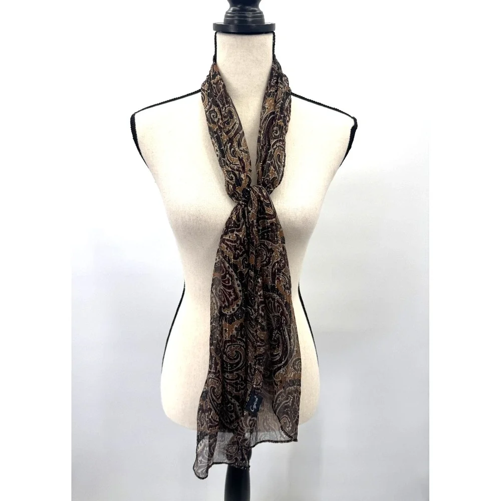 Cejon Brown Gold Silk Paisley Scarf Wrap Boho Earthy Lightweight Sheer Shawl